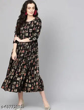 Black rayon three-quarter sleeve kurti with printed combo, single size options M (38in bust, 50in length) and L (40in bust, 42in length). Indian ethnic wear for women