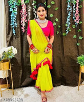 Georgette party saree with printed blouse, elegant partywear for women, free size, India