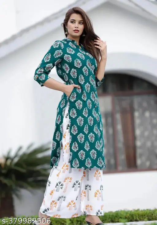 Rayon printed kurti and plazzo set, three-quarter sleeve length, Indian fashion for women in S, M, L, XXL sizes