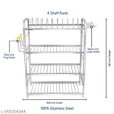 Stainless steel 4-shelf kitchen rack with plate, cutlery, and glass holder, 24x18 inch Akaya Creations