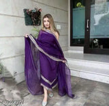 Purple georgette embroidered Indian festive partywear kurta with dupatta and bottom (Jamun 5), sleeveless, size XS-XXL, origin India