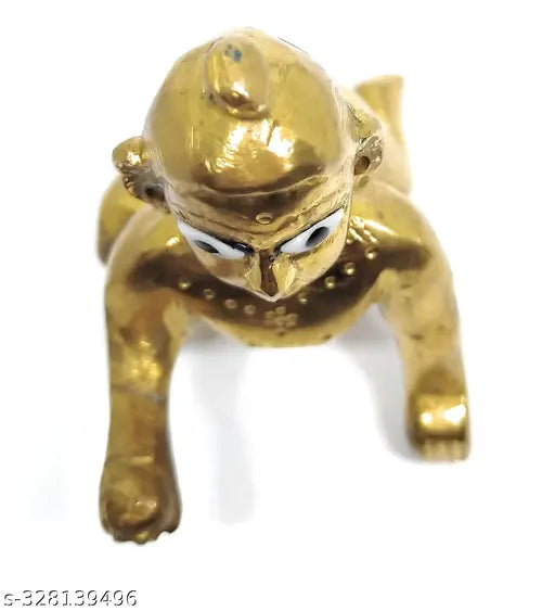 Brass Krishna idol, Haridwar Divine Golden Bal Gopal II Little Krishna II Makhan Chor, 5 cm tall for home puja or decoration, Indian artisans crafted using sand-casting technique