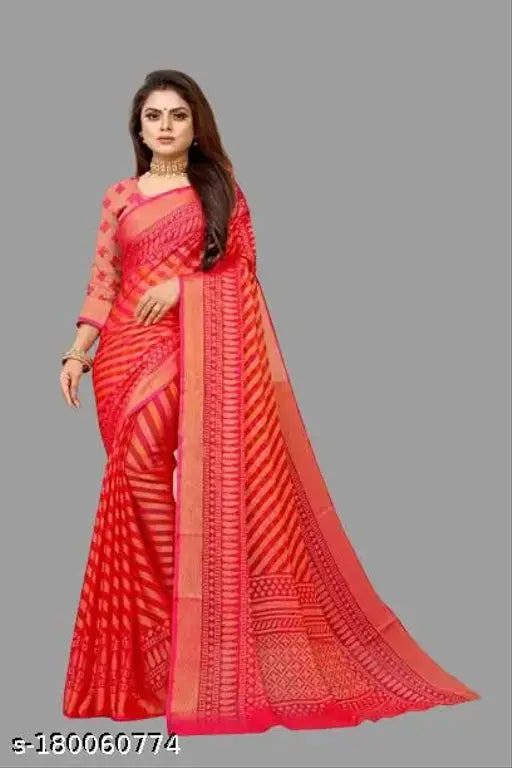 Multi-colored striped chiffon Brasso sari with unstitched running blouse, Indian women's trendy ethnic wear