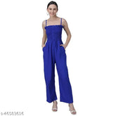 Solid blue cotton blend sleeveless jumpsuit for women, stylish and trendy for any occasion