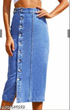 High waist women's denim long skirt, solid pattern, soft fabric, office and party suitable, size 24-32 (32in/32in/32in), made in India