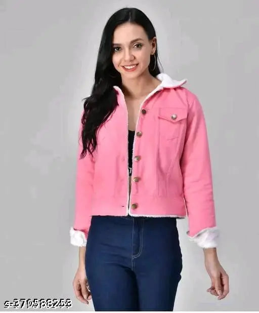 Women's solid denim twill jacket, full fur, long sleeves, solid pattern, S to XL sizes