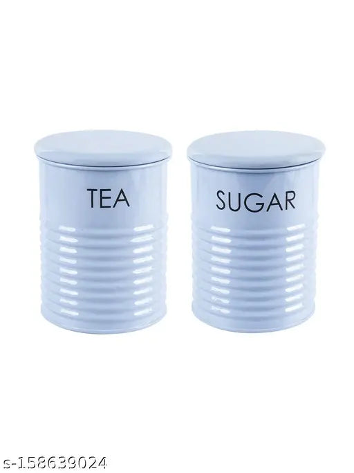 GreyFox Tea & Sugar Jar Set (2pcs), light blue galvanized iron, airtight storage for home kitchen, stylish & space-saving design