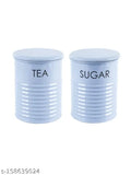 GreyFox Tea & Sugar Jar Set (2pcs), light blue galvanized iron, airtight storage for home kitchen, stylish & space-saving design