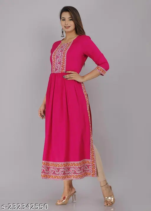 Pure rayon Nyra cut Anarkali kurti for women, solid, three-quarter sleeves, Indian traditional fashion, trendy and comfortable
