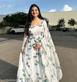 White Georgette Fit & Flared A-line Gown with floral print, suitable for western casual, marriage, and office wear. Full sleeves, inner lining, and ankle length. Indian origin