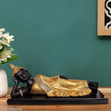 Resin sleeping Buddha statue in black and golden, 35cm x 13cm x 10cm, ideal for home decor or gifting, Nirvana figurine on wooden platform