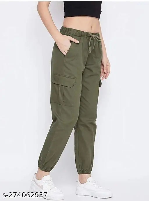 Stylish cotton lycra cargo joggers, trendy women's pants with versatile pockets, solid color, easy-to-wear, Indian origin