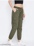Stylish cotton lycra cargo joggers, trendy women's pants with versatile pockets, solid color, easy-to-wear, Indian origin