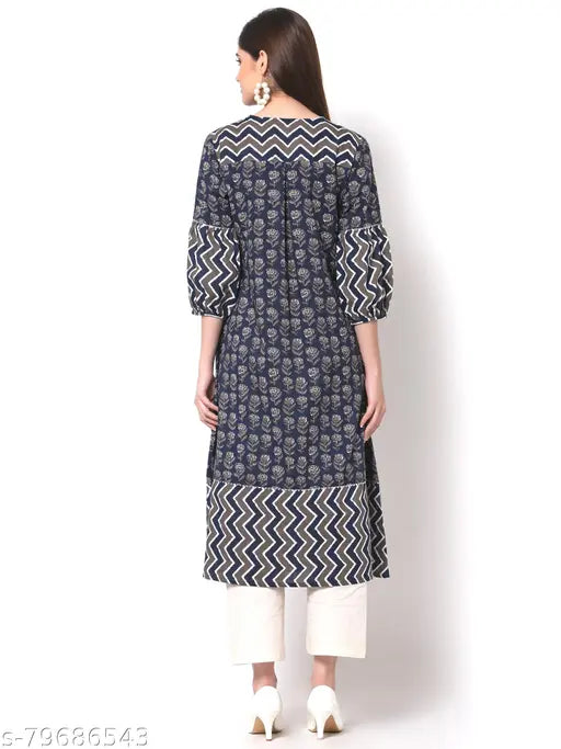 Sawariya Blue printed crepe flared Anarkali Kurti, cotton three-quarter sleeves, embroidered women's party wear for girls & office, traditional Indian design