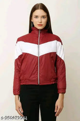 Maroon polyester women's jacket, solid design in XS, S, or M size, model on mannequin