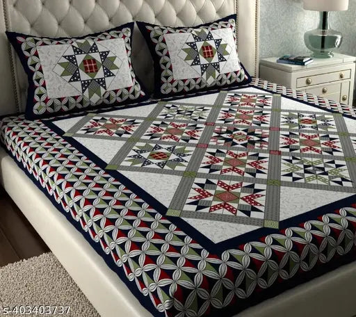 Rajasthani 100% Jaipuri Cotton King Size Double Bedsheet with 2 Pillow Covers - Indian-made, botanical print, superfine quality cotton bedding for summer use
