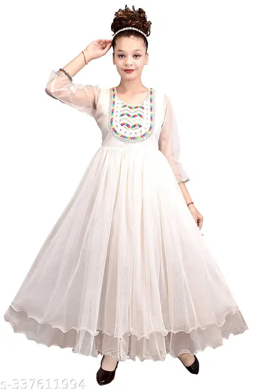 Net girls gown with three-quarter sleeves, suitable for ages 4-12, ideal for puja, banquet, weddings, travel. Made in India, perfect for summer, monsoon, and winter events