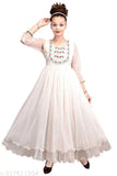Net girls gown with three-quarter sleeves, suitable for ages 4-12, ideal for puja, banquet, weddings, travel. Made in India, perfect for summer, monsoon, and winter events