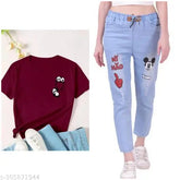 Women's cotton blend round neck Pocket Panda T-shirt with jeans pack of 2, XS & S sizes, printed pattern on short sleeves, best quality jogger combo from India