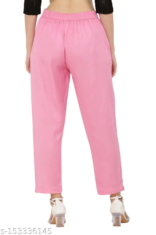 Baby pink rayon trouser for women by Priya Point, solid design with elastic waistband and 2 pockets