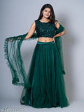 Trendy green color partywear jute silk & net lehenga choli with embellishments, free size (38 waist, 42 length), ruffled dupatta. Indian designer fashionable lehenga choli for events like weddings, parties