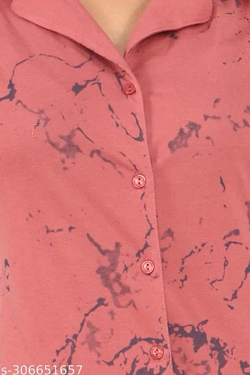 Cottonblend printed women's nightsuit with short sleeves, featuring round neck and half sleeve design in summer casual style. Available in multiple sizes: M (20in bust, 28in length), L (21in bust, 30in length), XL (22in bust, 32in length), XXL (22in bust, 32in length). Super comfortable polycotton fabric. Made in India