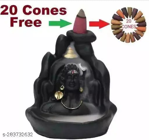 Poly resin PMR Lord Shiva Adiyogi Backflow Smoke Fountain Incense Holder with 20 Backflow Cones, Indian handcrafted decorative showpiece