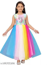 Multicolor net princess party gown for kids, featuring corsage and high-low design. Perfect fit, inspired by celebrity styles. Available in silver, light green, pink. Ideal for parties, weddings, festivals like Diwali, Navratri, Dussehra, Pongal, Onam, Lohri, Eid, Christmas, etc. Sizes: 4-5 Years (Bust Size: 23 in, Length Size: 30 in), 5-6 Years (Bust Size: 24 in, Length Size: 32 in). Made in India