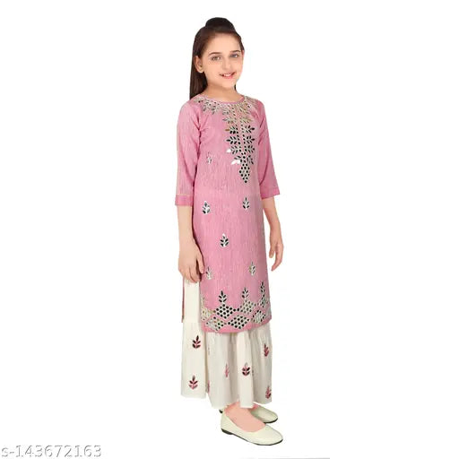 Embroidered cotton blend kurta and sharara set for girls aged 4-14, featuring mirror work, A-line tops with three-quarter sleeves, Indian origin