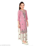 Embroidered cotton blend kurta and sharara set for girls aged 4-14, featuring mirror work, A-line tops with three-quarter sleeves, Indian origin