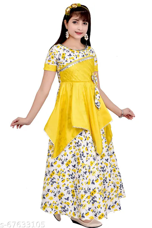 Light green cotton blend ethnic gown for girls, traditional printed net design