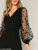 Stylish Lycra dress with long sleeves, solid net pattern, available in multiple sizes from XS to XXXL. Indian-made women's fashion wear on hanger