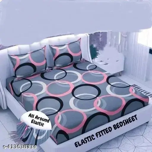 Grey & Black geometric printed super soft cotton fitted double bedsheet with 2 matching pillow covers - ideal for summer and adult use