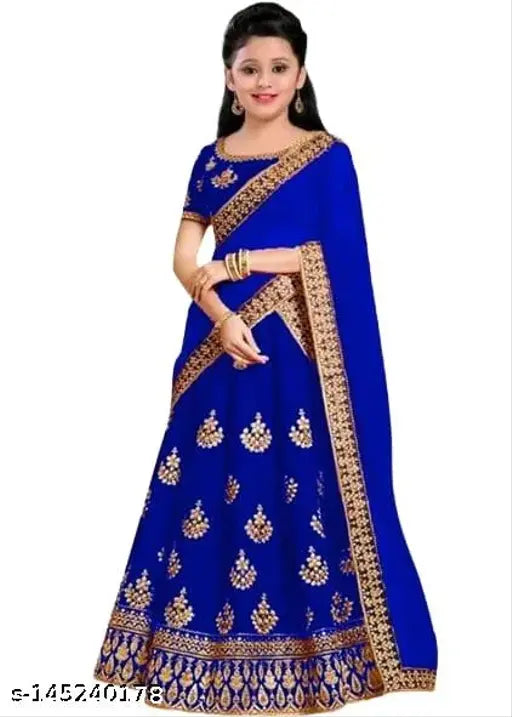 Royal Blue Shara kids satin lehenga set with tissue sleeve, embroidered pattern, semi-stitched net, various sizes from 3-12 years old