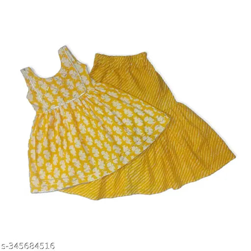 Cotton 60-60 Kids girls sunshine yellow sanganeri printed sharara kurti set - Vibrant Indian craftsmanship, perfect for festive or casual wear