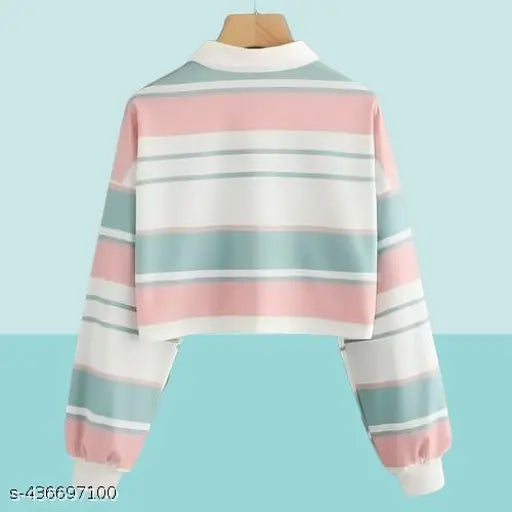 Korean Pastel Stripe Long-Sleeve Polo in Pink, Blue, & White, lycra fabric, cuffed sleeves