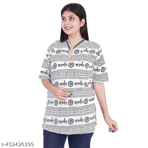 OM printed cotton kurta with short sleeves, Mahakaal design, women's traditional Indian wear