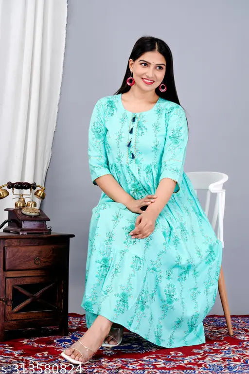Trendy rayon one-piece wear, printed combo, three-quarter sleeves, M-XXXL, Indian-made fashionable gown