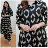 Women's rayon hand block printed cordset set - rayon kurta with palazzos, three-quarter sleeves, vibrant Indian print