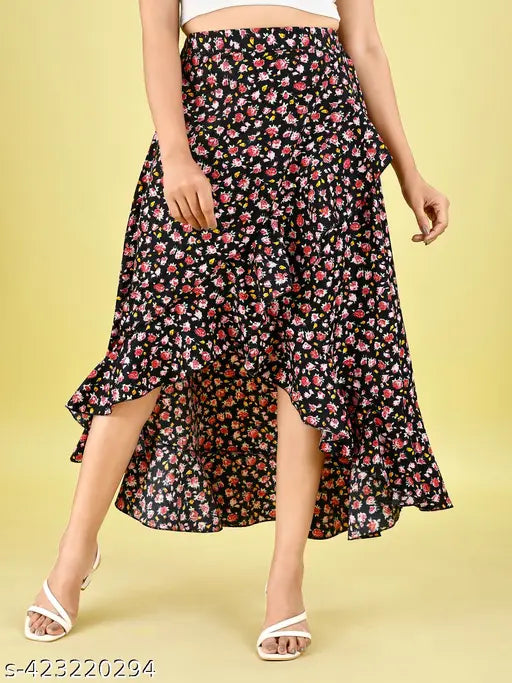 Timeless elegance floral print midi skirt, crepe fabric with pleated A-line silhouette. Stylish floral pattern, versatile for casual and special occasions. Available sizes: 28, 30, 32, 34, 36, 38. Made in India
