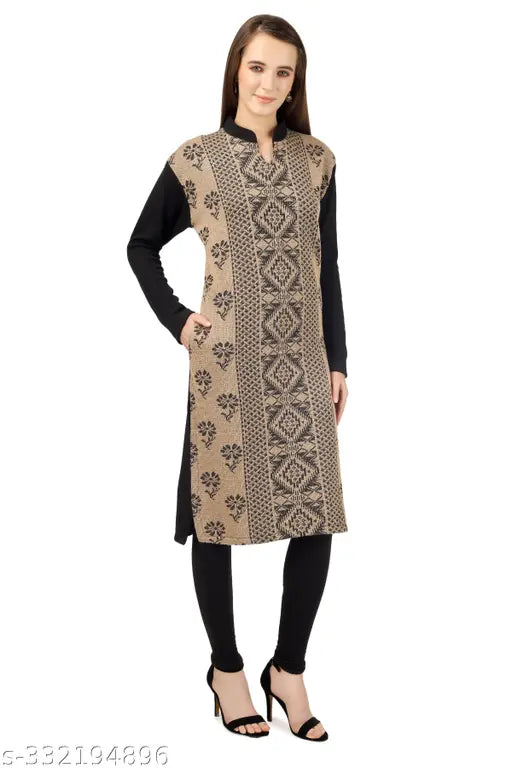 Red wool A-line kurti set, ethnic motif pattern, Indian women's fashion - 3 pack XL on display