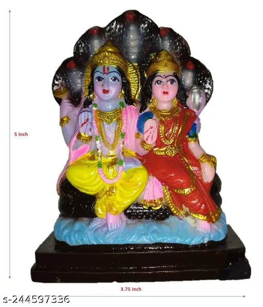 Multicolor polyresin Vishnu Lakshmi statue, intricately crafted Chaturbahu idol for pooja, 6 inch height
