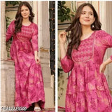 Pink rayon Anarkali-style kurti with leaf print, 100% breathable and machine washable