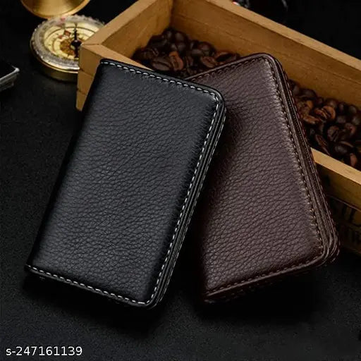 PU leather business card wallet with magnetic closure, black and brown, holds 20-25 cards. Quality faux leather wallet for business or personal use