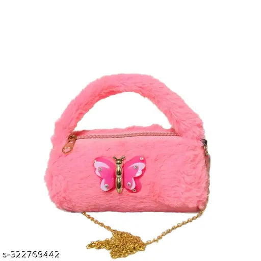 Pink mini fur bag for girls and kids, animal net pattern, single compartment dholki bag from India