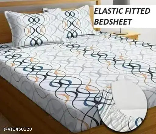 Cotton geometric print, supersoft fitted double bedsheet with 2 pillow covers by ELVILLIAN - ideal for summer adult use