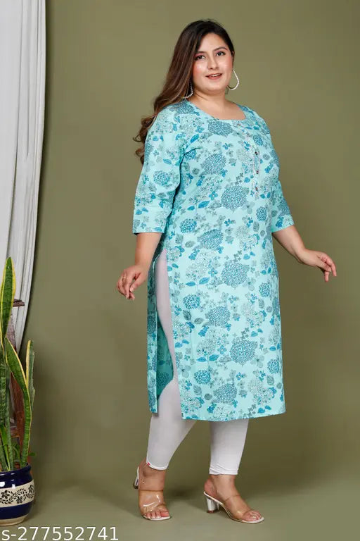 Light Blue plus-size printed cotton kurta with three-quarter sleeves, perfect for women's fashion, India origin