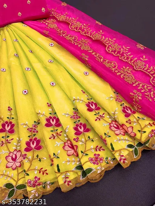 Embroidery work net semi-stitched floral dupion silk & net Lehenga Choli with cutwork border, India
