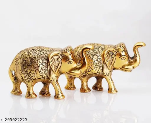 Gold polish elephant statue for home office table decor, 12.5cm tall, Indian artistry