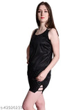 Black satin nightwear top & shorts set, sleeveless, solid pattern, one size fits most